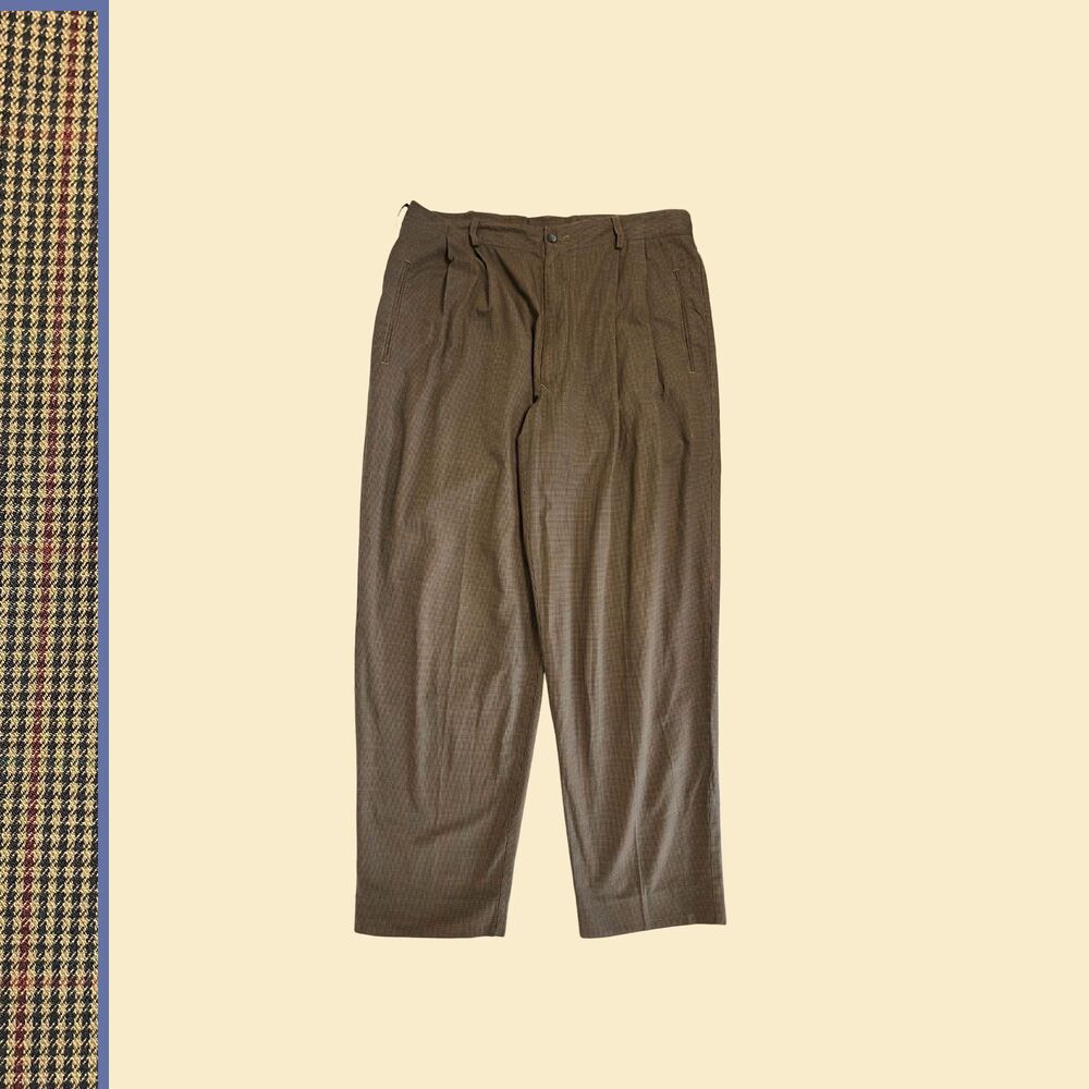 Perry Ellis Olive-Brown Plaid Men’s Dress Trousers